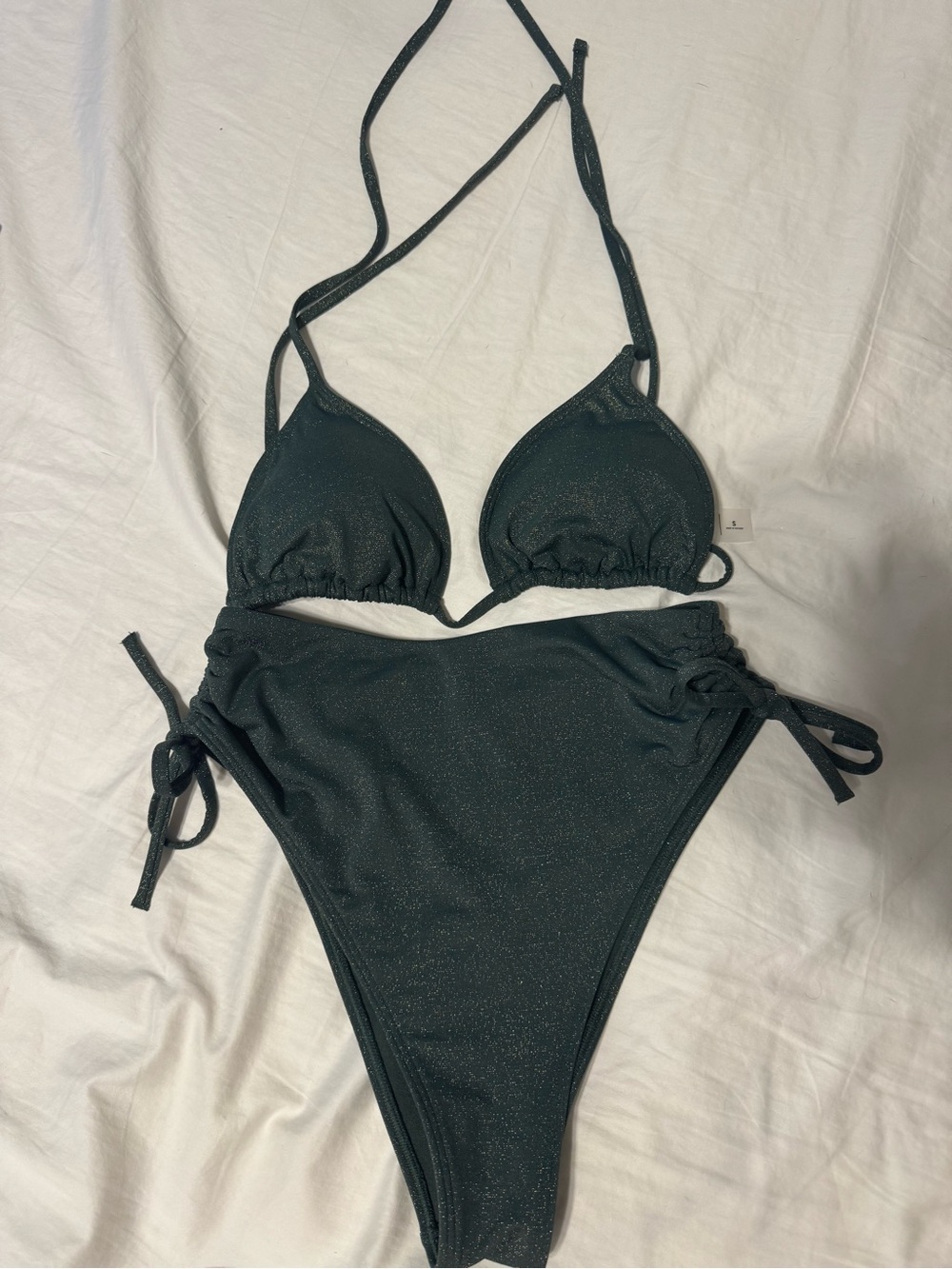 Abercrombie & Fitch dark green shimmer triangle high-waist cheeky bikini